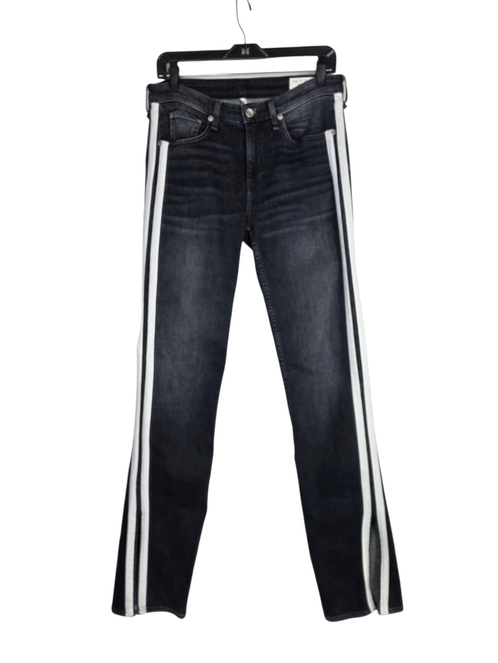 rag & bone Black High-Rise Jeans with White Side Stripes and side ankle slit